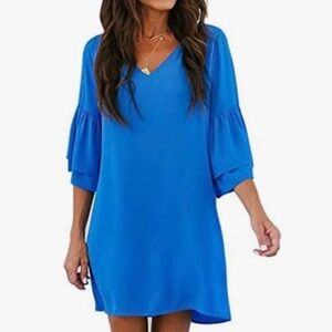 New Women’s Chiffon Shift Dress Bell Sleeves V-Neckline Lined Peacock Blue Small